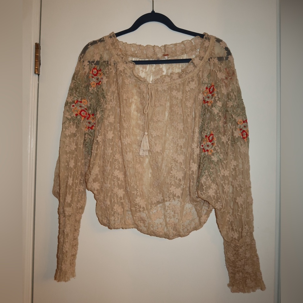 Free People Beige Floral Embroidered Blouse